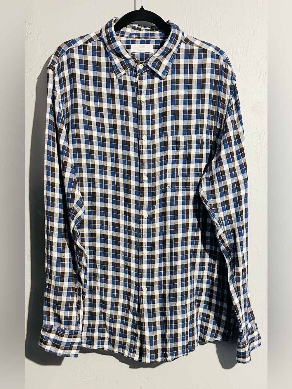 Uniqlo 100% Linen Casual Preppy Blue Plaid Long Sleeve Button Down Shirt, XL